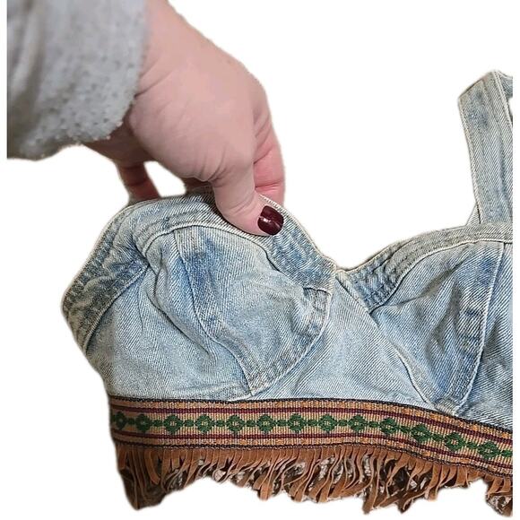 Vtg Maximum Energy USA Blue Denim Fringe Boho Tank Crop Top Womans Size Medium - Picture 4 of 9